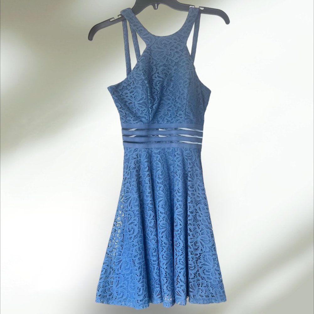 City Studio Dress Blue Lace High Neck and Mesh Waist Band Junior's Size 1